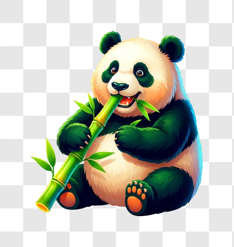 Cute Panda Eating Bamboo vibrant cartoon style transparent background