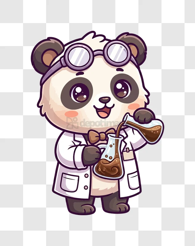 Cute Panda Scientist Mixing Chemicals cartoon style transparent background