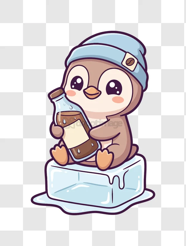 Cute Penguin Drinking Iced Coffee cartoon style transparent background