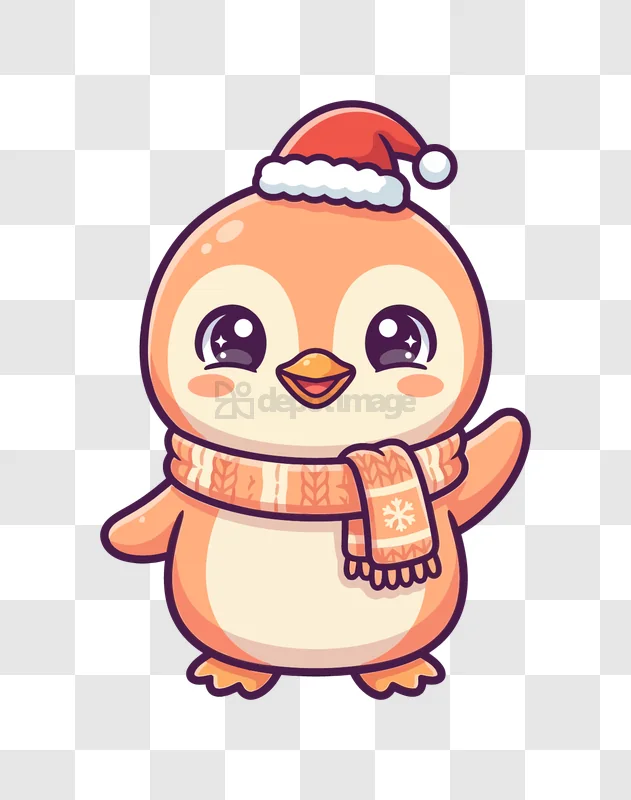 Cute Penguin Wearing Santa Hat cartoon style orange white transparent background