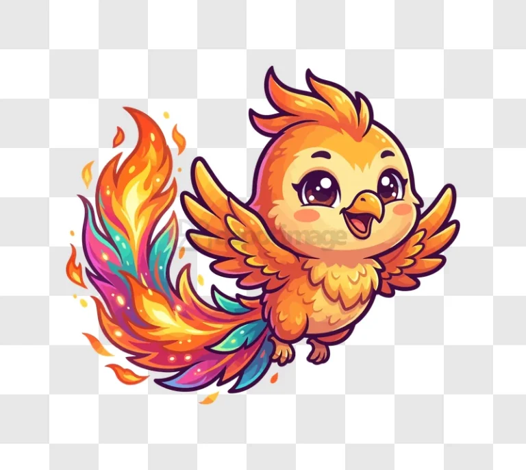 Cute Phoenix Bird Cartoon Flying vibrant cartoon style with fiery tail