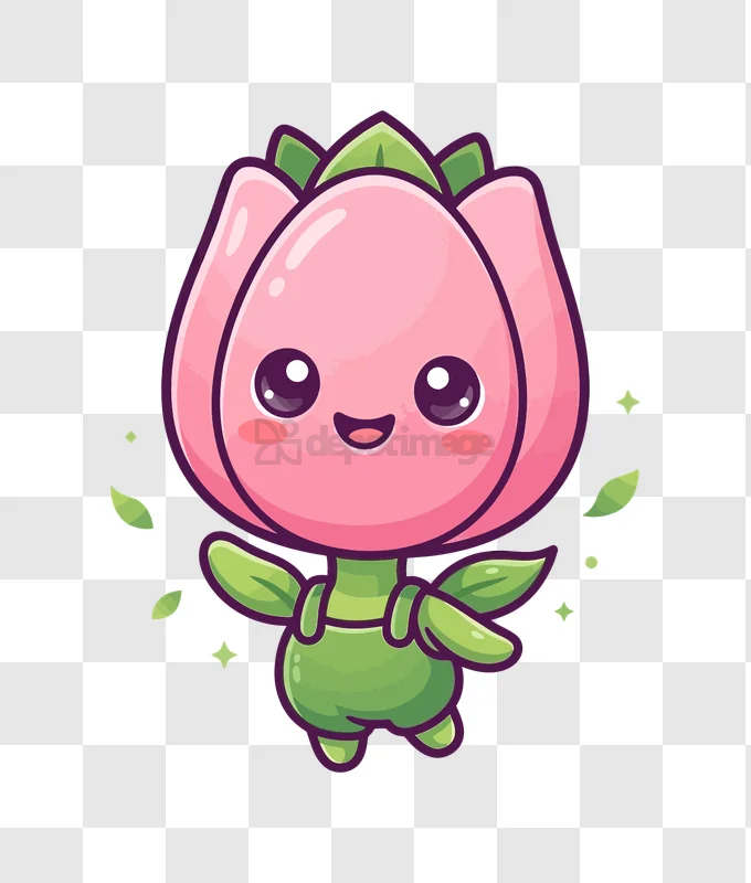 Cute Pink Flower Bud Character cartoon style transparent background smiling