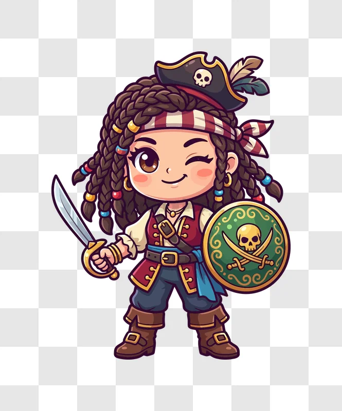 Cute Pirate Girl Winks With Sword cartoon style, brown braids, red vest, green shield
