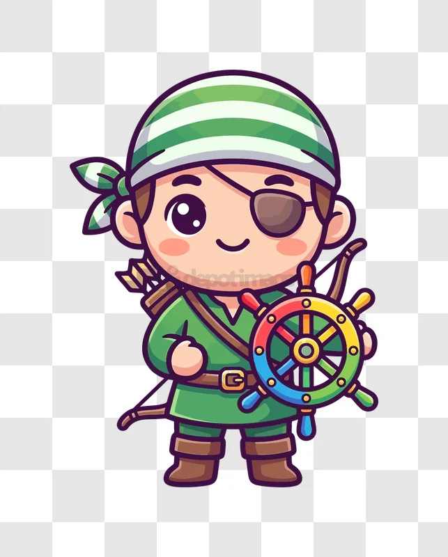 Cute Pirate Kid Holding Ship Wheel cartoon style colorful transparent background
