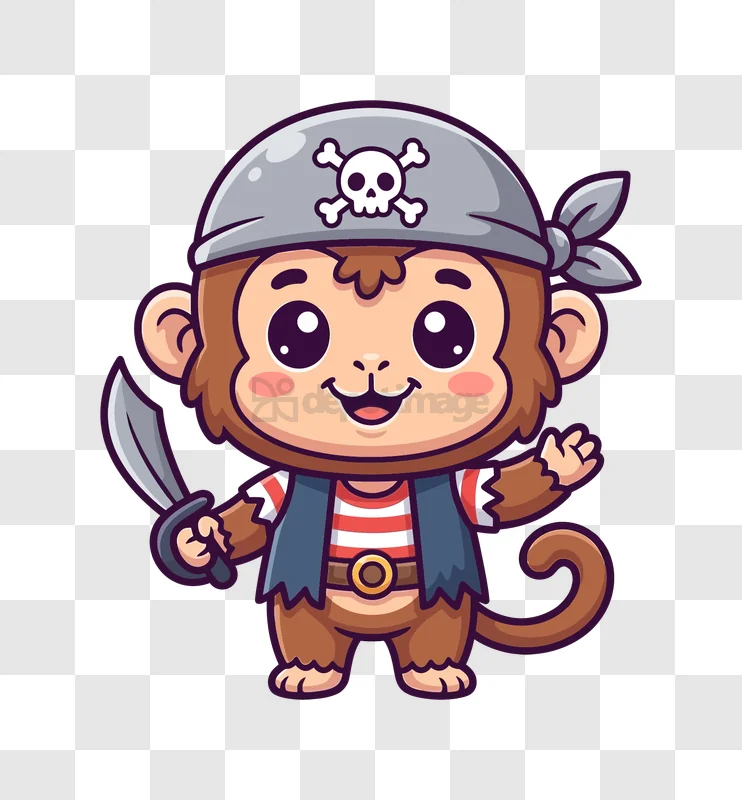 Cute Pirate Monkey Holding a Sword cartoon style transparent background