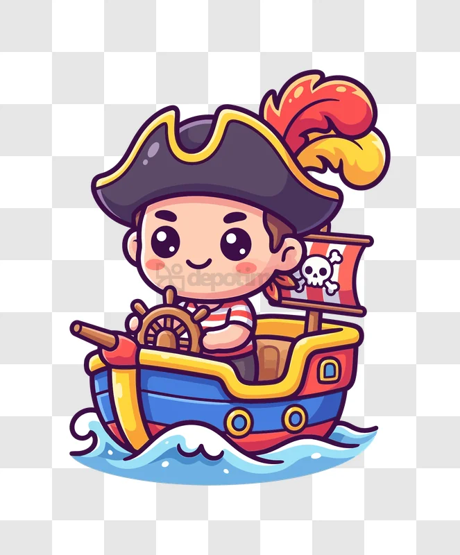 Cute Pirate Steering Small Ship cartoon style vibrant colors transparent background