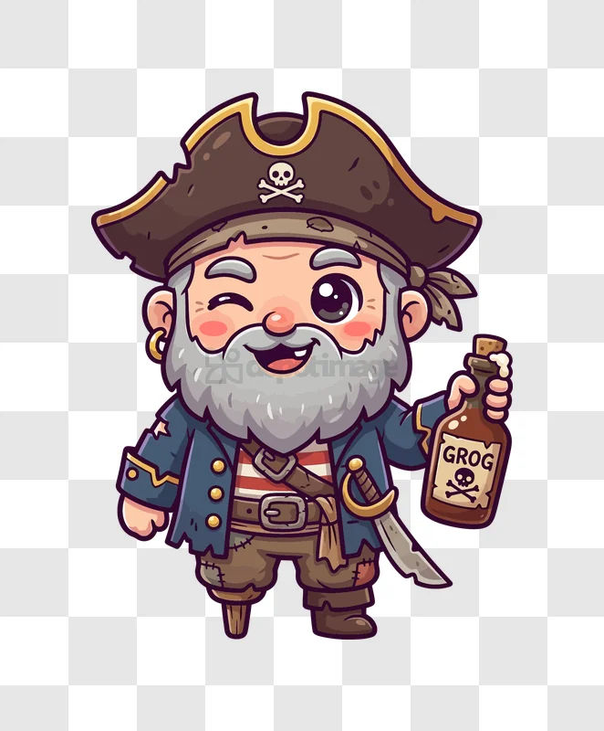 Cute Pirate Winking and Holding Grog cartoon style transparent background