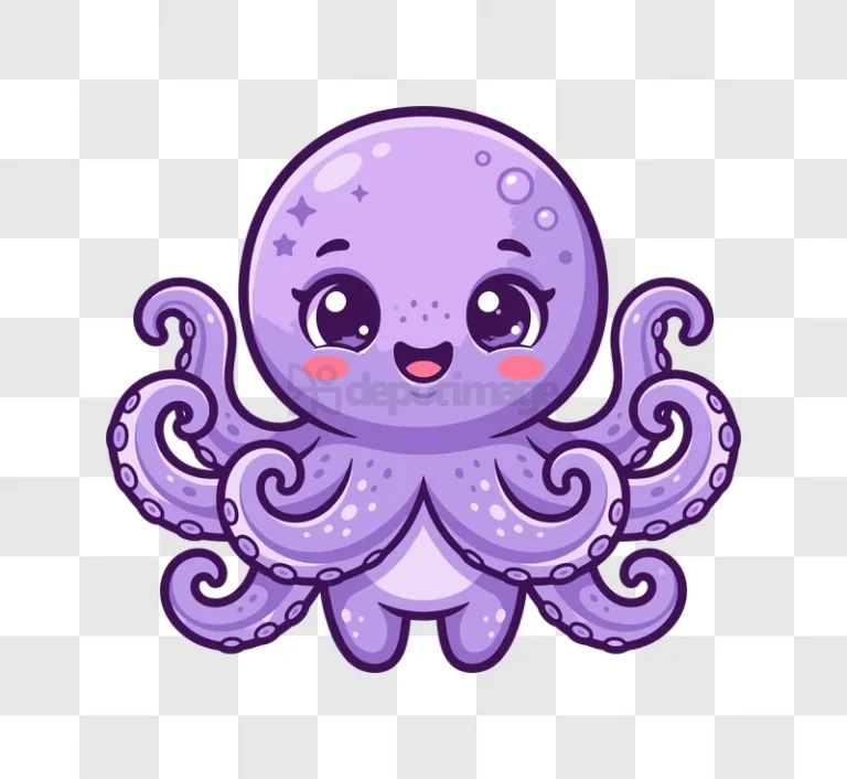 Cute Purple Kawaii Octopus Character cartoon style transparent background