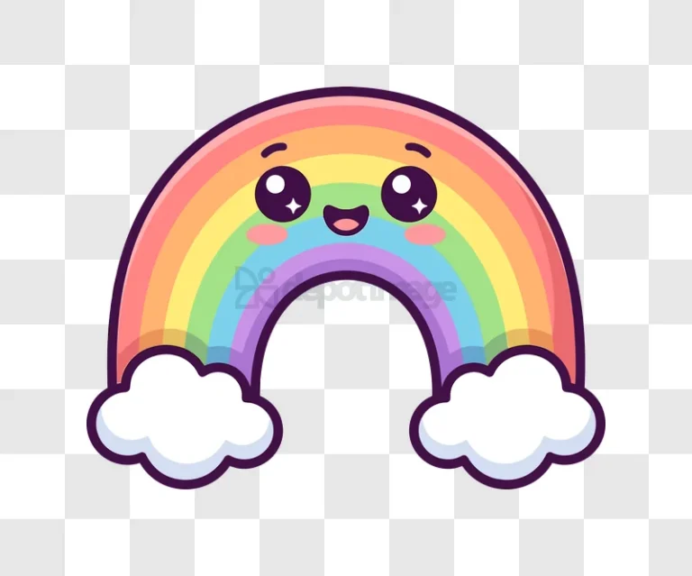 Cute Rainbow Smiling With Clouds cartoon style colorful transparent background