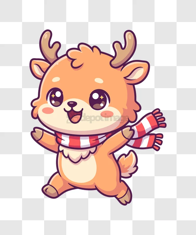Cute Reindeer With Scarf Happy Holidays, cheerful cartoon style, transparent background