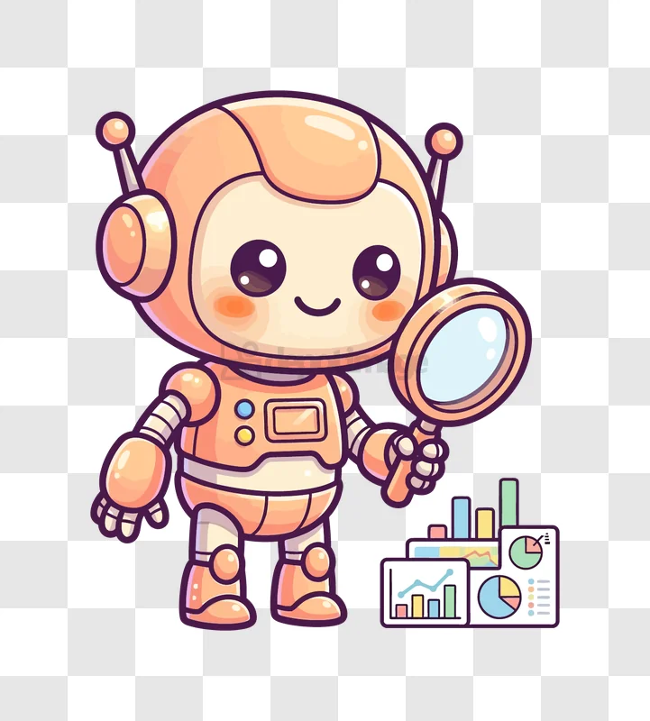 Cute Robot Analyzing Data Graphics cartoon style orange robot charts