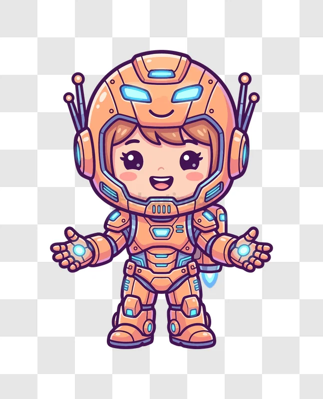 Cute Robot Avatar With Glowing Parts chibi style orange blue glowing