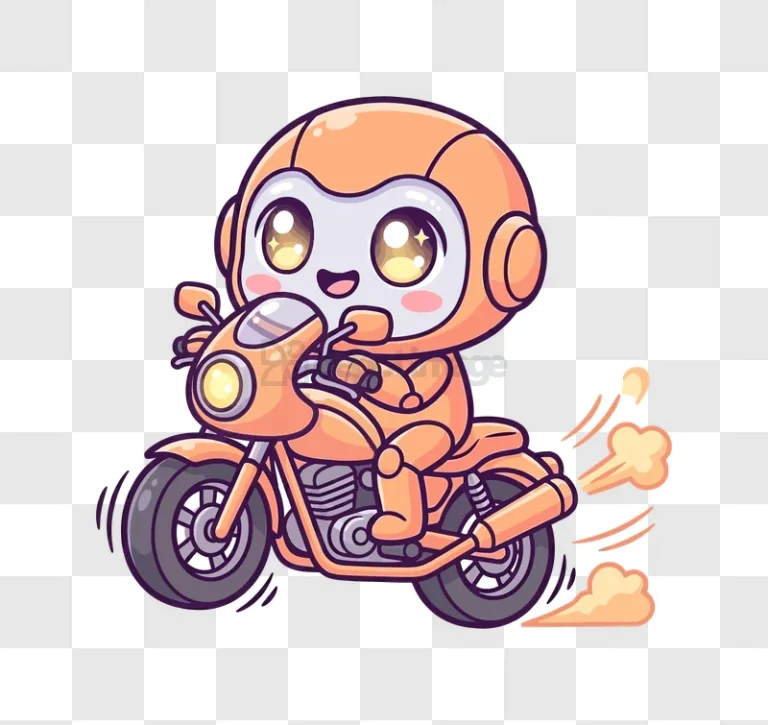 Cute Robot Character on Motorcycle, cartoon style orange white transparent