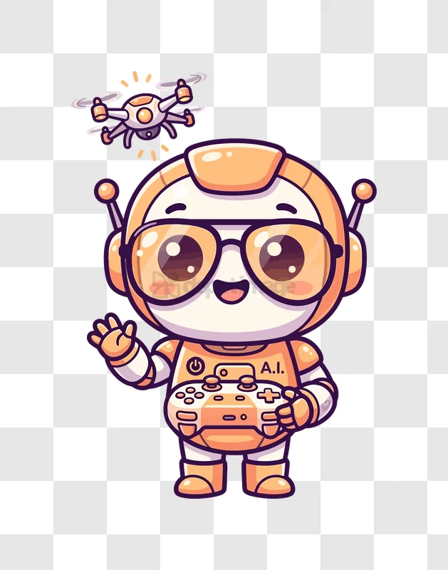 Cute Robot Controlling a Drone, orange white cartoon transparent background
