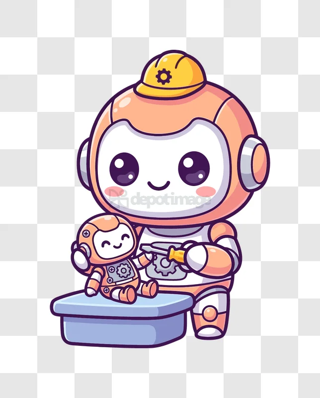Cute Robot Fixing a Small Robot Toy cartoon style transparent background
