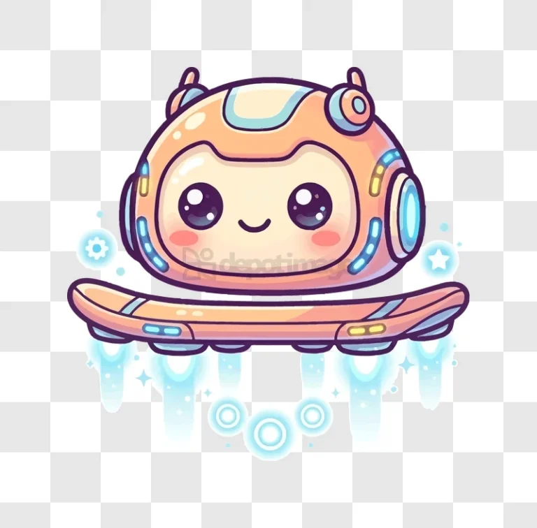 Cute Robot Hoverboarding With Glowing Ef, cartoon style, orange and blue, transparent background