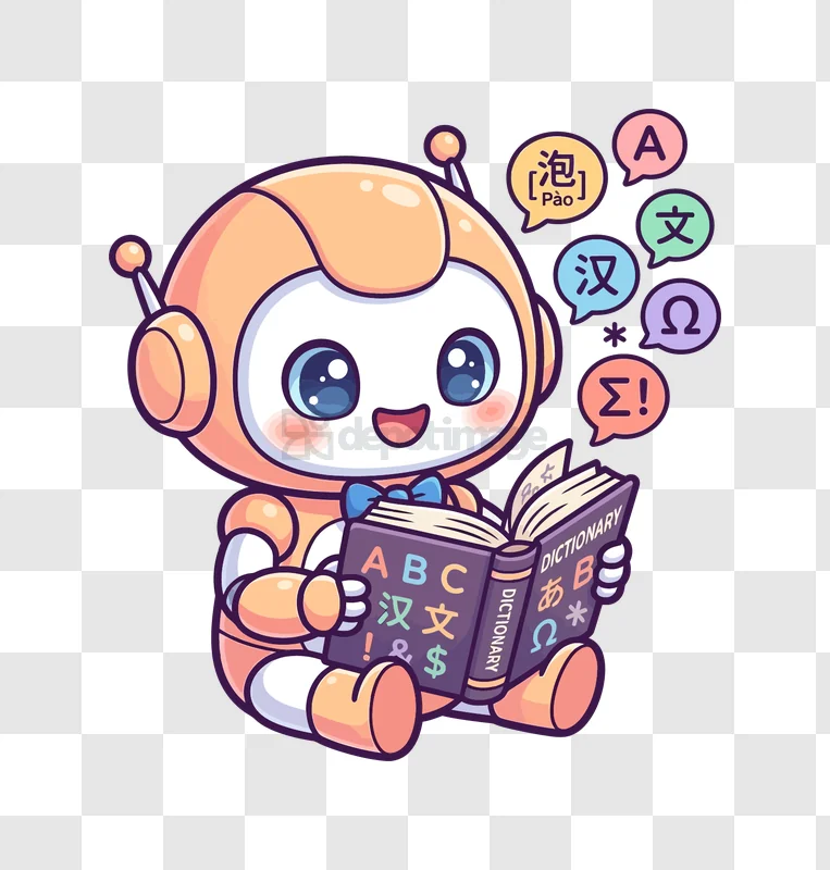 Cute Robot Learning Languages and Readin cartoon style transparent background