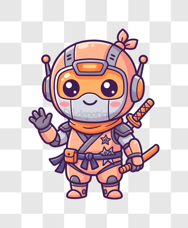 Cute Robot Ninja Waving With Katana, orange and gray cartoon character