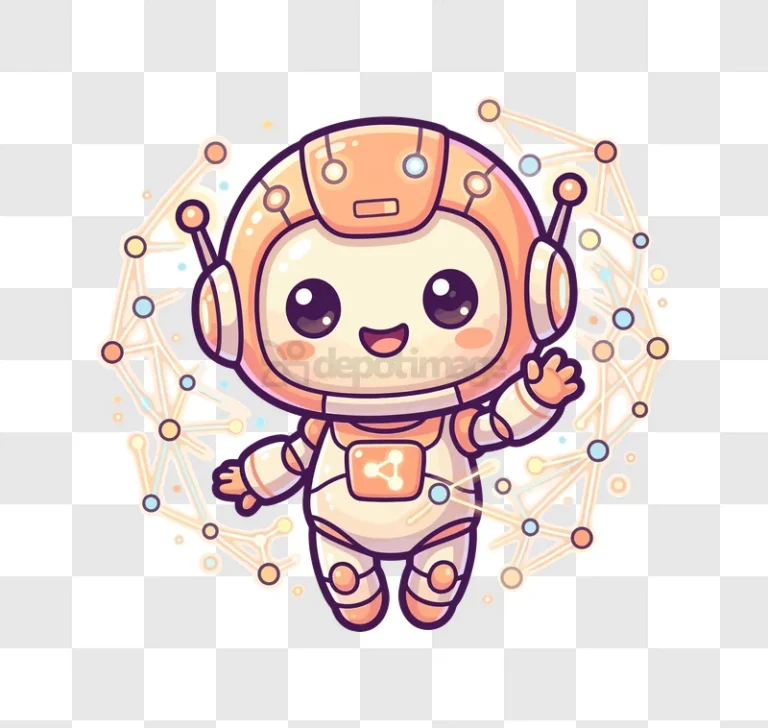 Cute Robot Waving With Network Graphics cartoon style transparent background