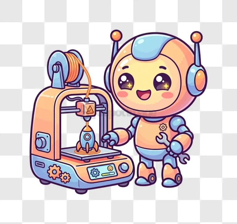 Cute Robot With a 3d Printer cartoon style orange blue