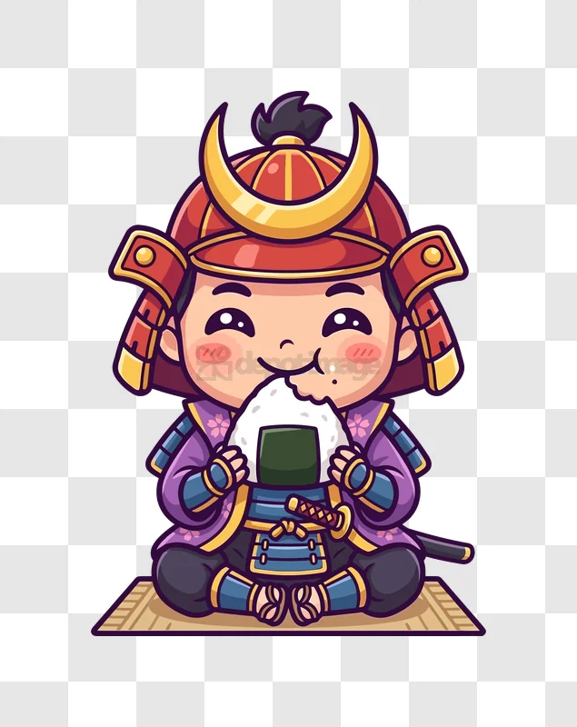 Cute Samurai Eating Onigiri Cartoon vibrant colors cartoon style onigiri