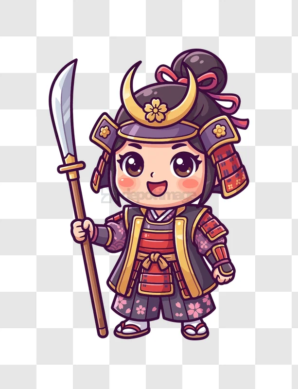 Cute Samurai Girl With Naginata chibi cartoon style with naginata