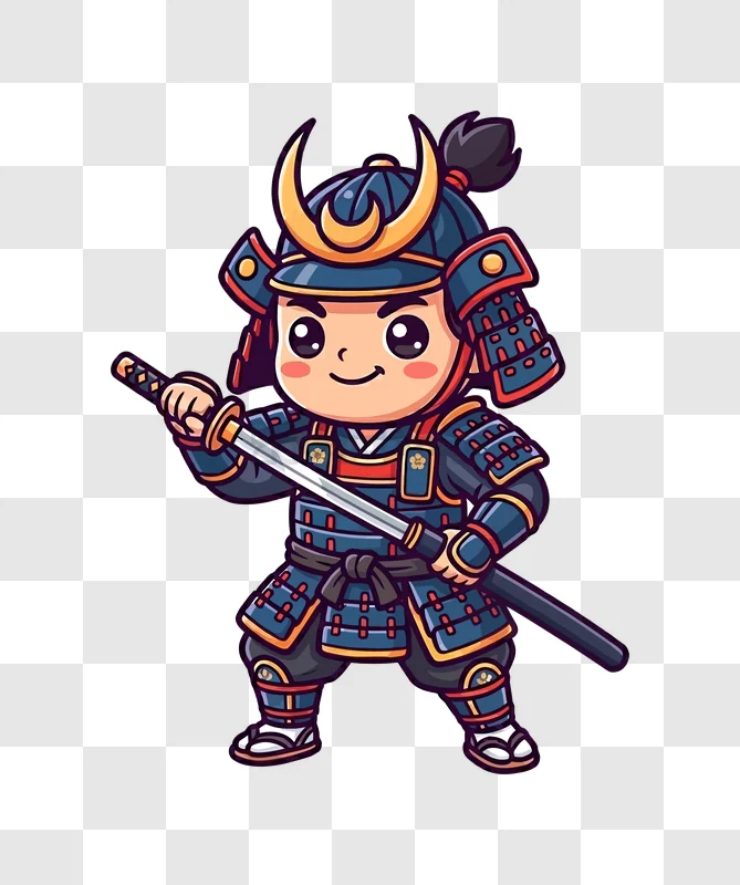 Cute Samurai in Armor Drawing, chibi style, blue and gold armor