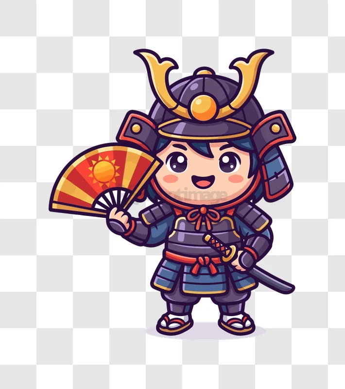 Cute Samurai in Armor Holding Fan cartoon style colorful transparent background