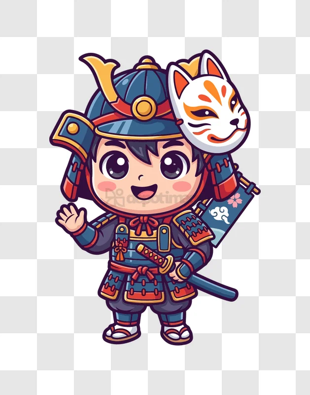 Cute Samurai in Armor Waving cartoon style transparent background