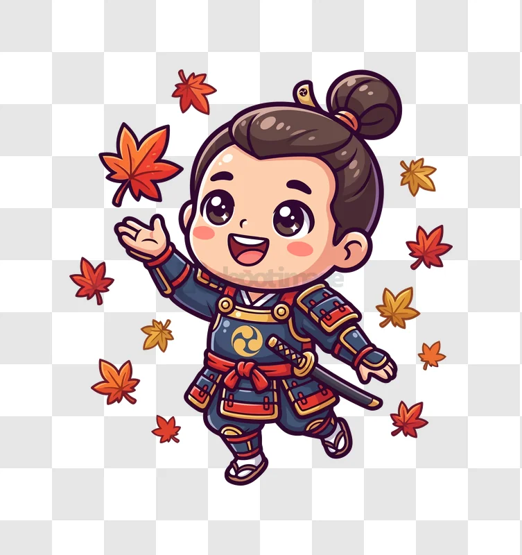 Cute Samurai in Autumn With Leaves cartoon style transparent background