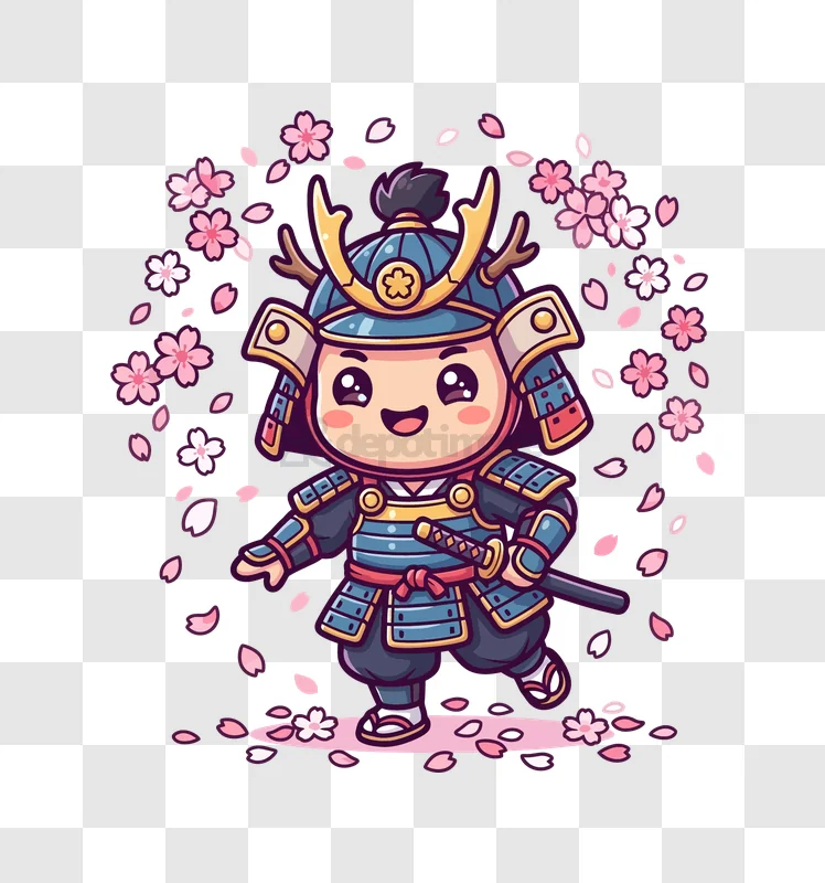 Cute Samurai in Cherry Blossom Garden cartoon style pink blossoms