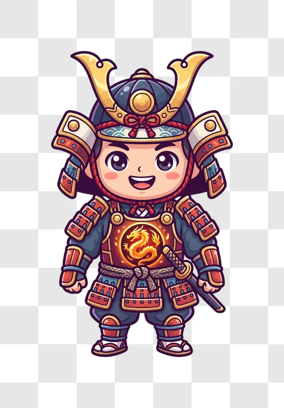 Cute Samurai in Ornate Armor cartoon style colorful illustration transparent background
