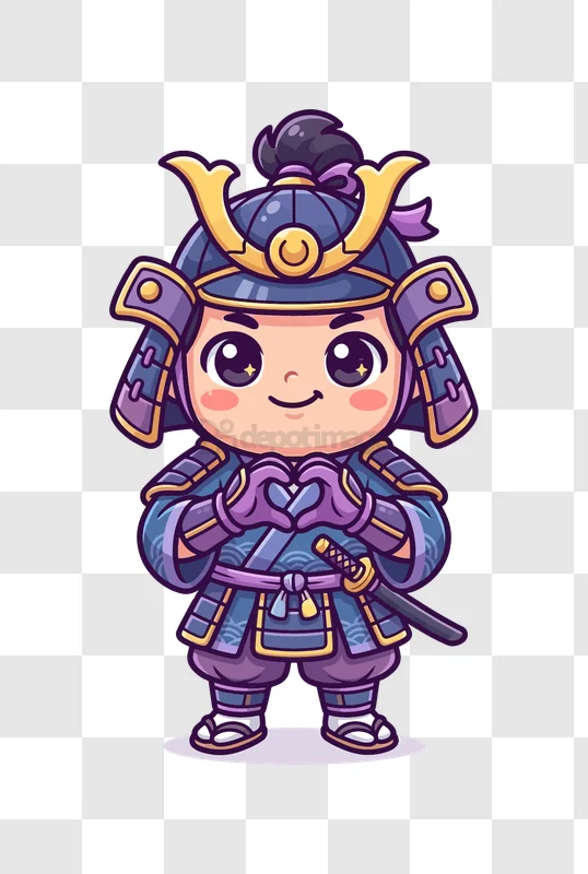 Cute Samurai Making Heart Gesture chibi style purple armor