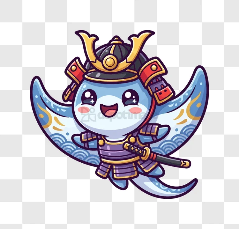 Cute Samurai Manta Ray Smiling cartoon illustration purple armor