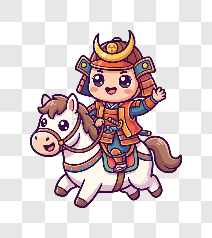 Cute Samurai Riding a Horse Cartoon chibi style colorful illustration