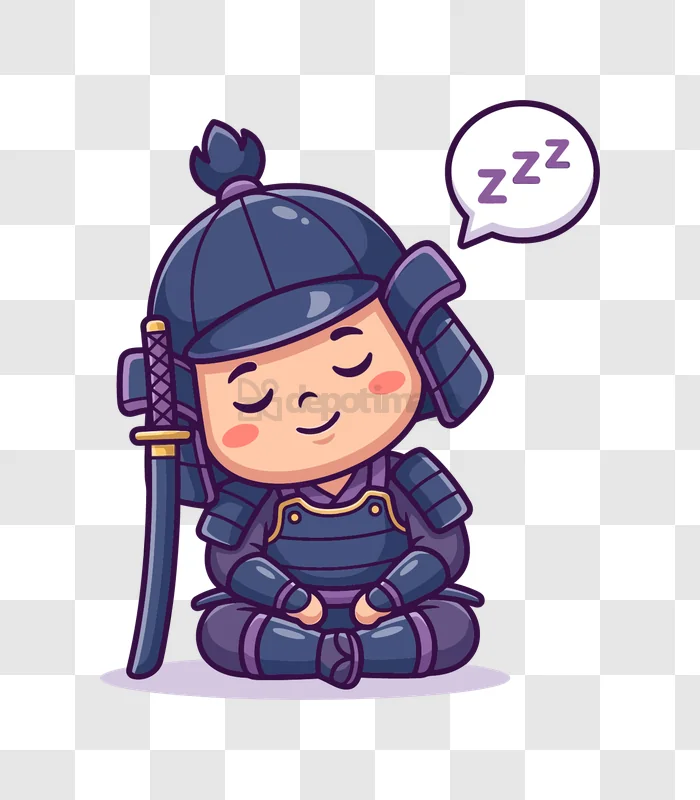 Cute Samurai Sleeping Sitting Crosslegge cartoon style purple armor transparent background