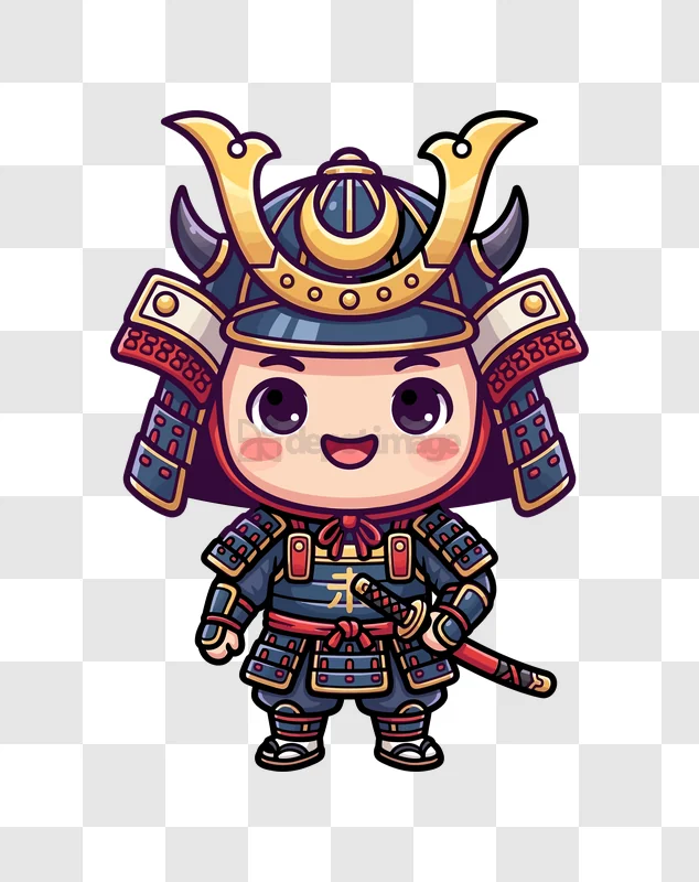 Cute Samurai Warrior Cartoon chibi style dark blue gold
