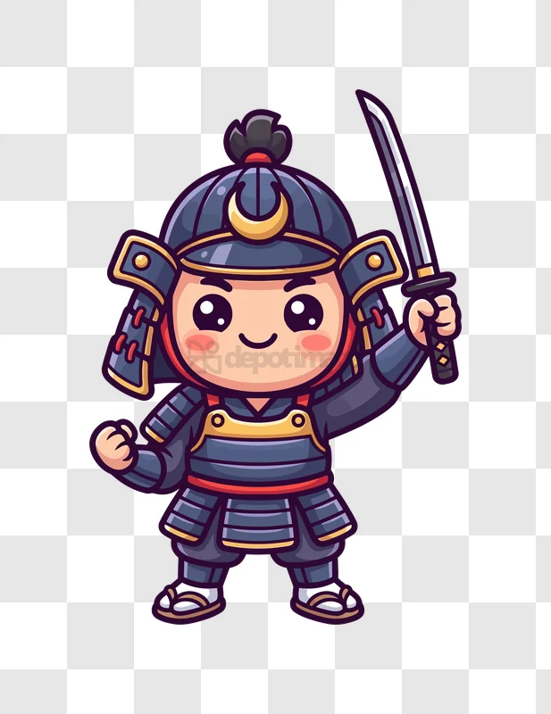 Cute Samurai Warrior Holding Katana cartoon style dark blue red