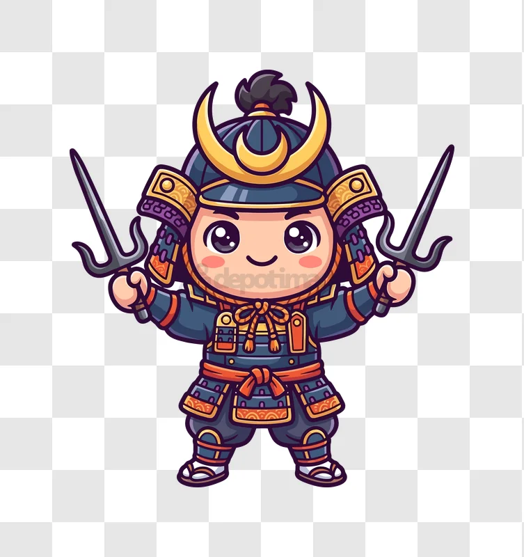 Cute Samurai Warrior Holding Sai cartoon style dark blue
