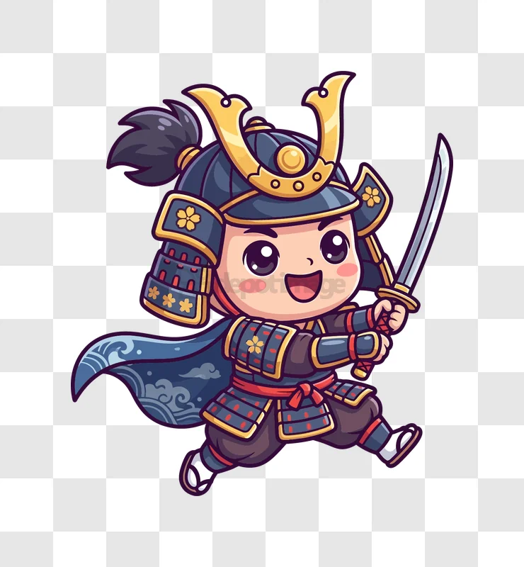 Cute Samurai Warrior With Sword Running cartoon style vibrant colors transparent background