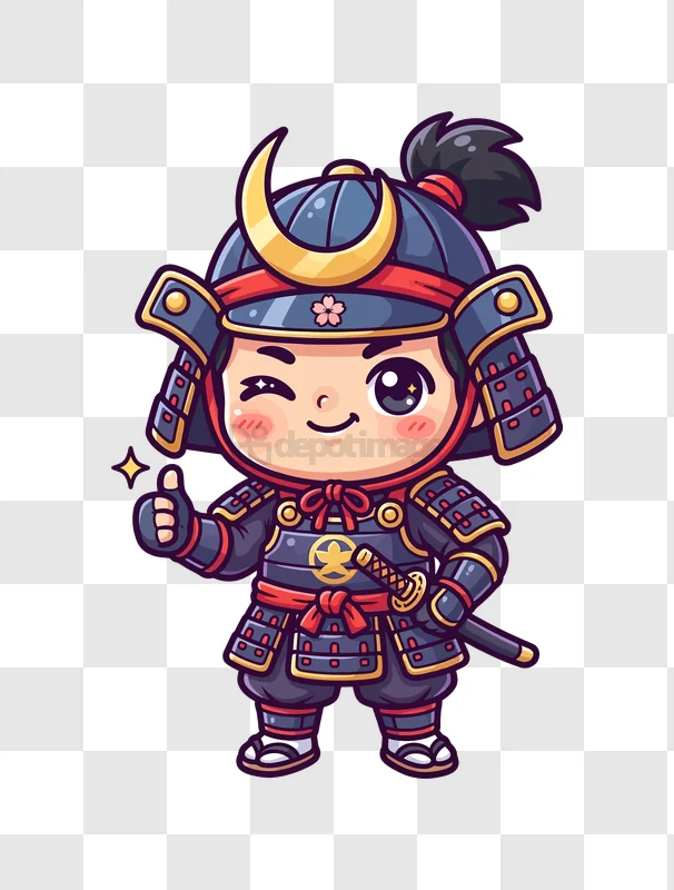Cute Samurai Winking Thumbs up, chibi cartoon style, dark armor, gold accents
