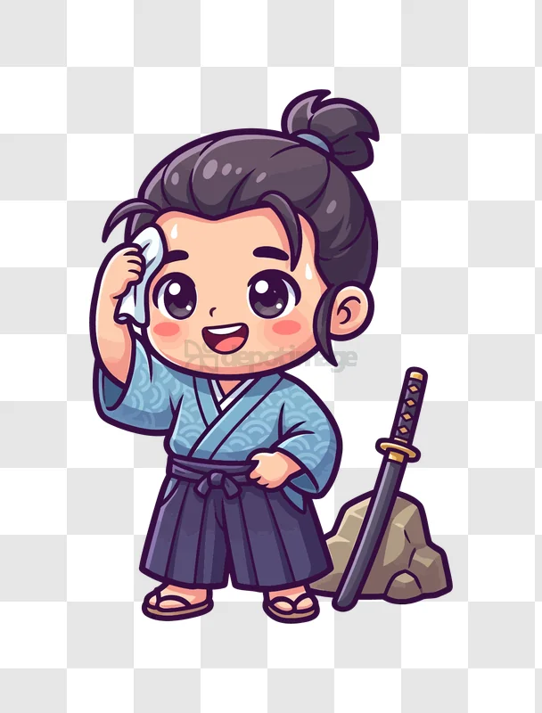 Cute Samurai Wiping Sweat Relaxed cartoon style transparent background