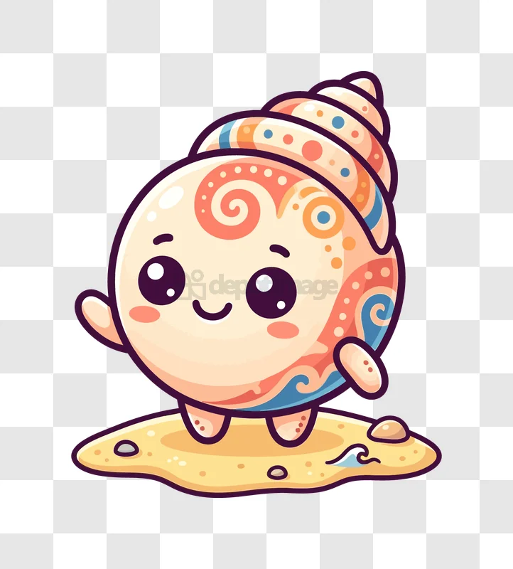 Cute Seashell Character on Sandy Beach, cartoon style sandy beach