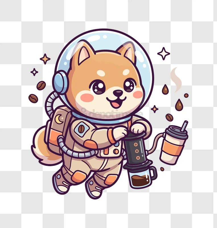 Cute Shiba Astronaut Coffee Brewer cartoon style transparent background