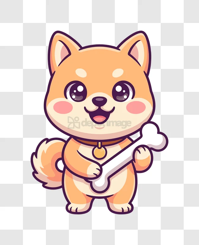 Cute Shiba Inu Dog Holding Bone cartoon illustration transparent background