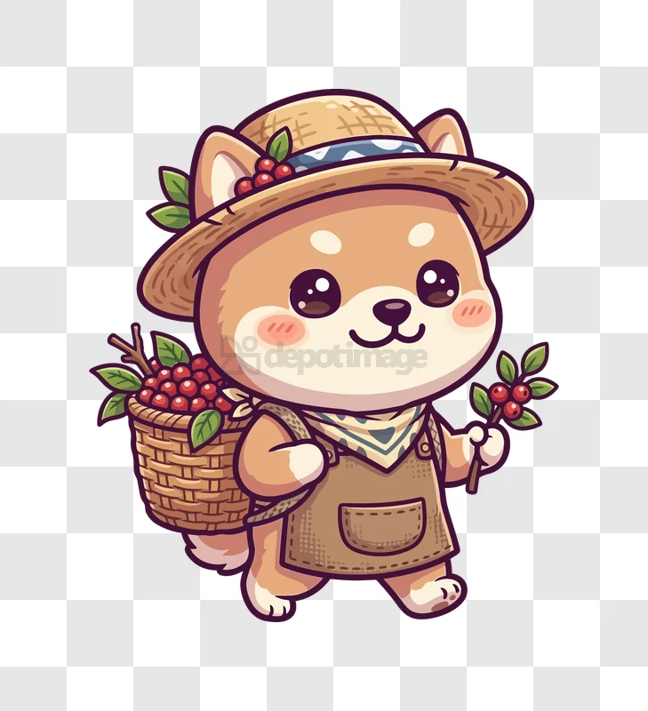 Cute Shiba Inu Farmer Harvesting Berries cartoon style transparent background
