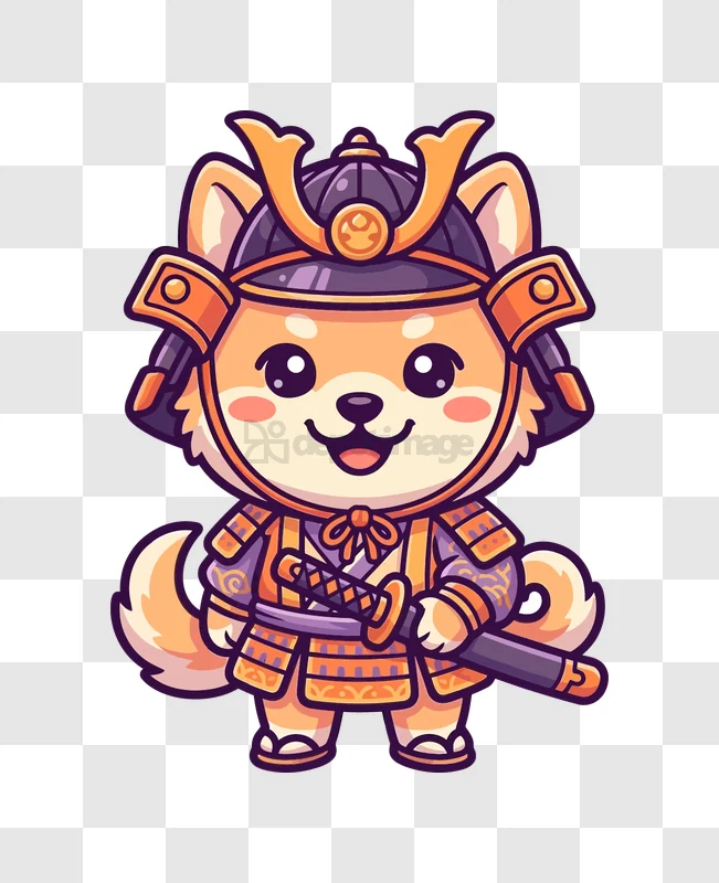 Cute Shiba Inu Samurai Character cartoon style orange purple