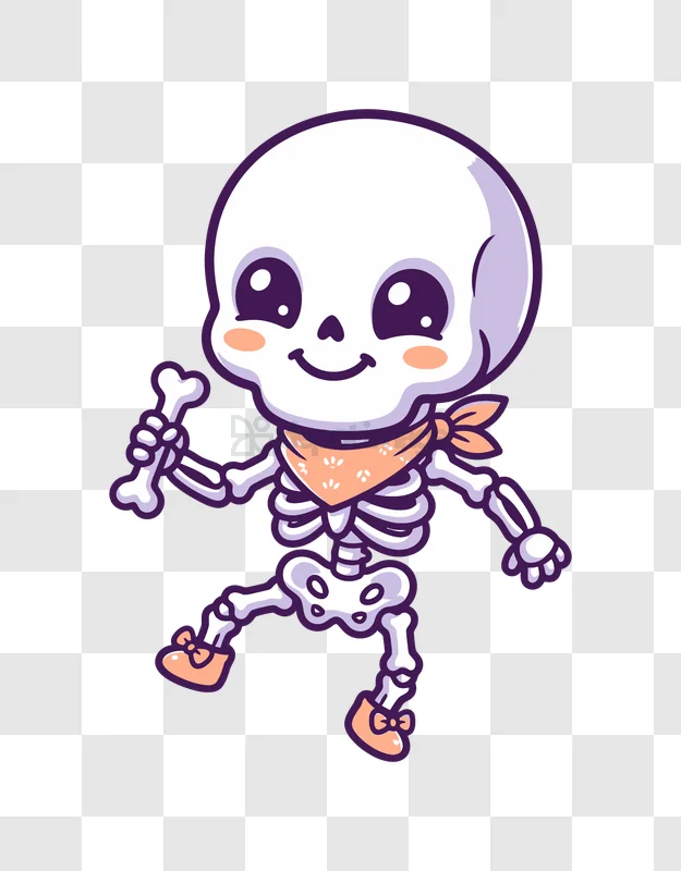 Cute Skeleton With Bone and Bandana cartoon style transparent background