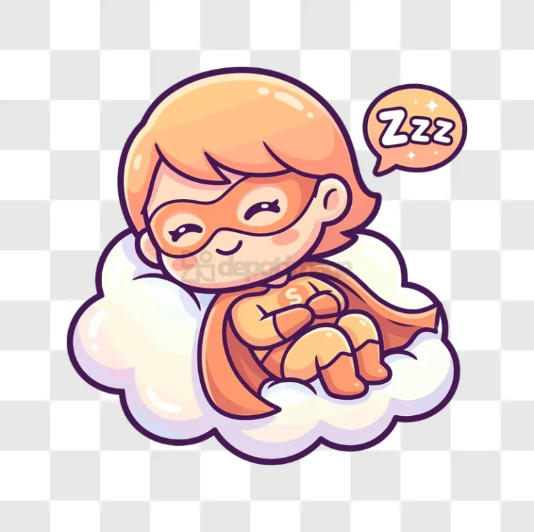 Cute Sleeping Superhero on Cloud cartoon style orange character