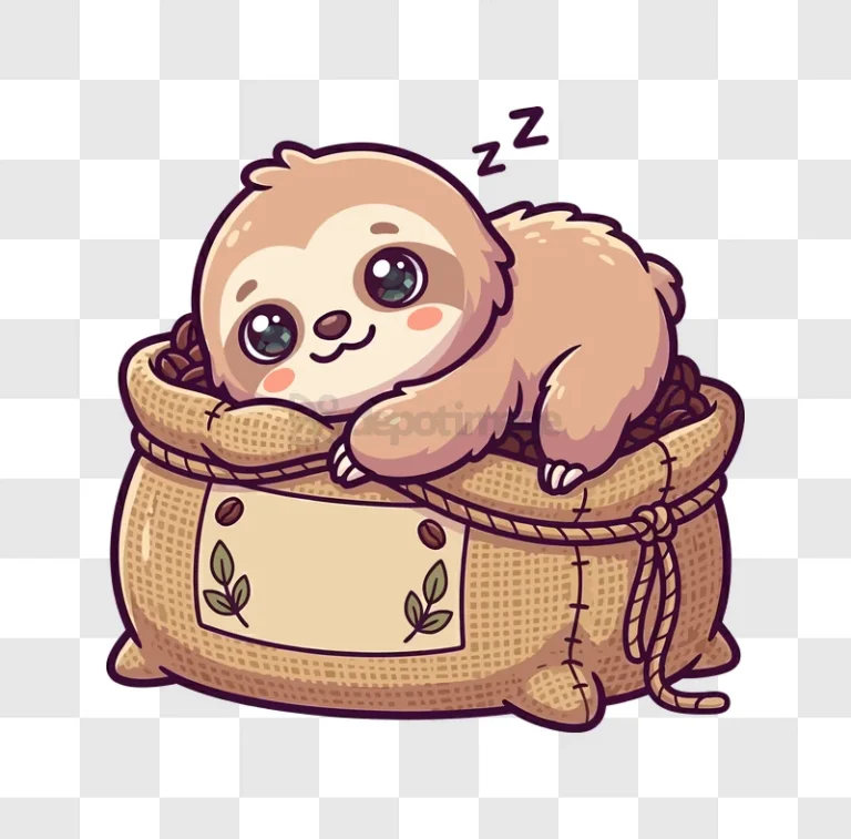 Cute Sloth Sleeping in Coffee Bag cartoon style brown white background